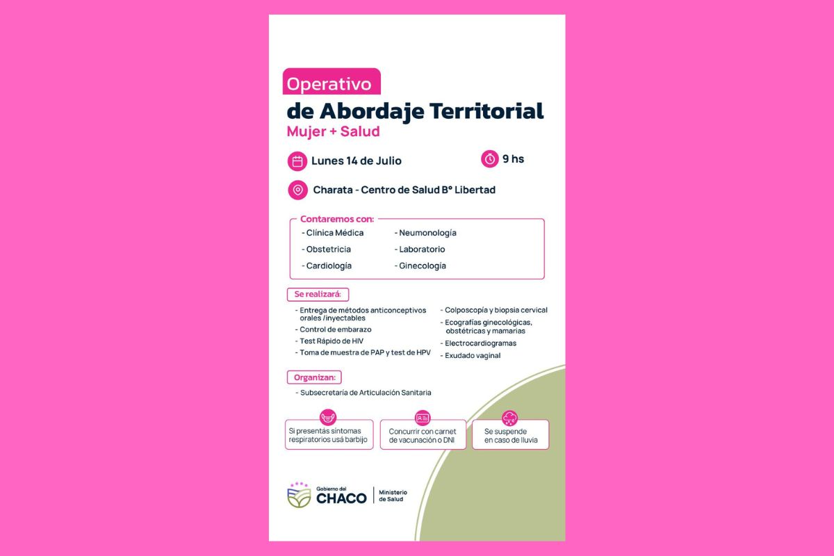 ATENCIÓN MÉDICA GRATUITA: EN CHARATA SE REALIZARÁ EL OPERATIVO “MUJER +SALUD